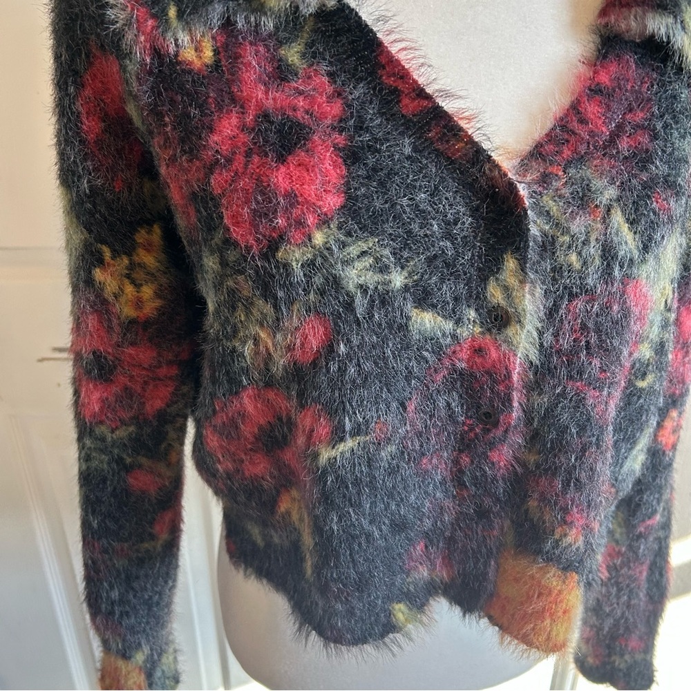 Pilcro Anthropologie Cropped Cardigan Sweater Eyelash Multicolor Fuzzy floral - Picture 5 of 7